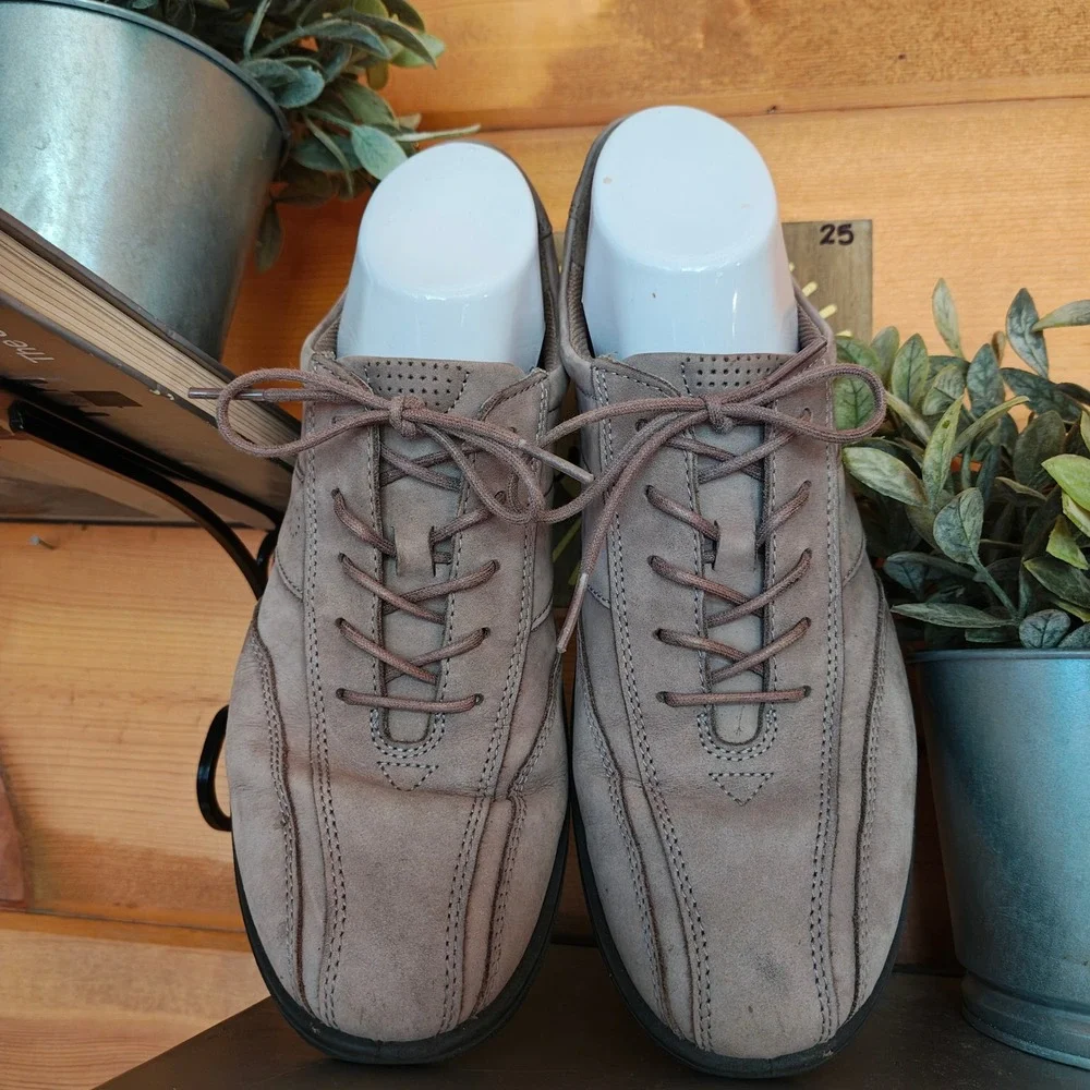 Ecco Sky Tie Taupe Nubuck Leather Bike Toe Oxford Sneaker Comfort Shoe Sz 40/9.5